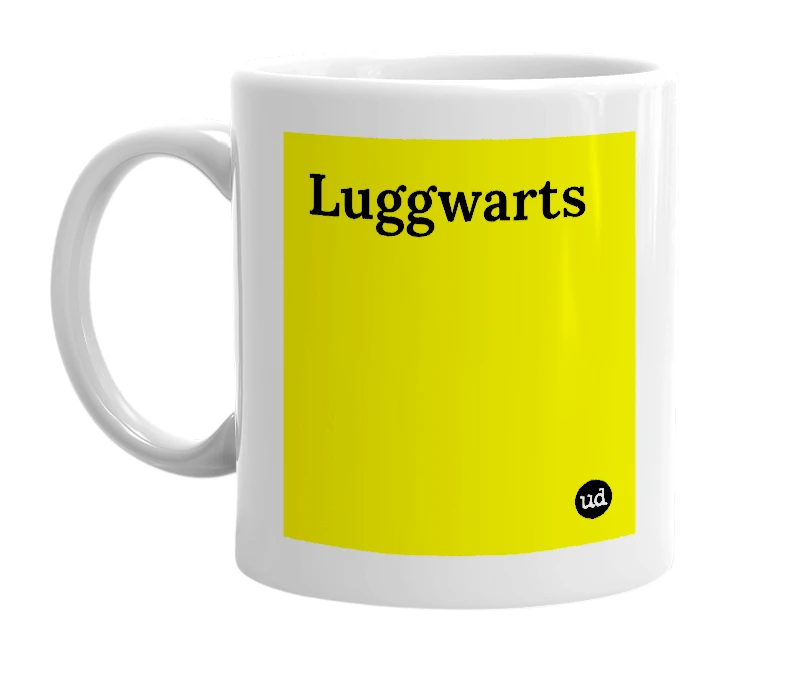 White mug with 'Luggwarts' in bold black letters