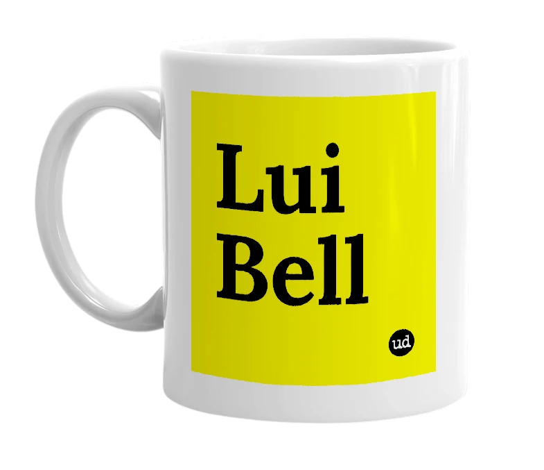 White mug with 'Lui Bell' in bold black letters