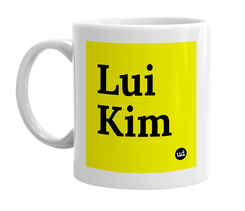 White mug with 'Lui Kim' in bold black letters