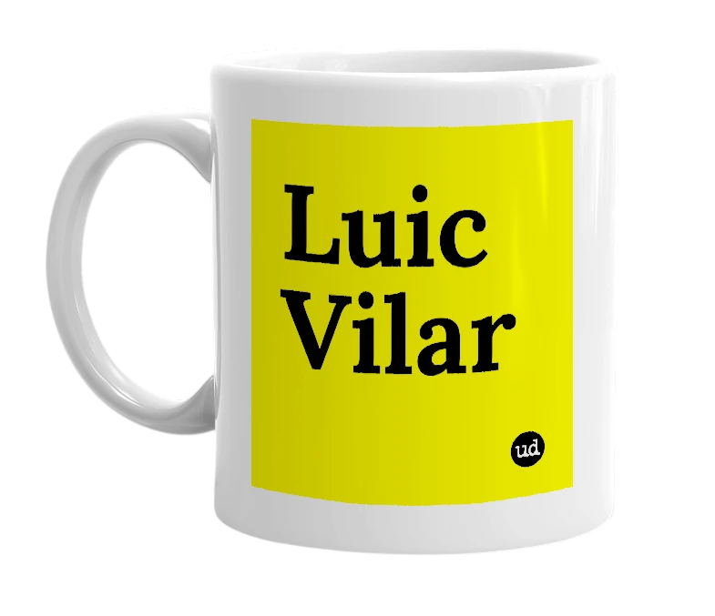 White mug with 'Luic Vilar' in bold black letters