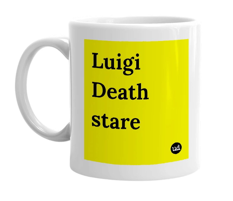 White mug with 'Luigi Death stare' in bold black letters