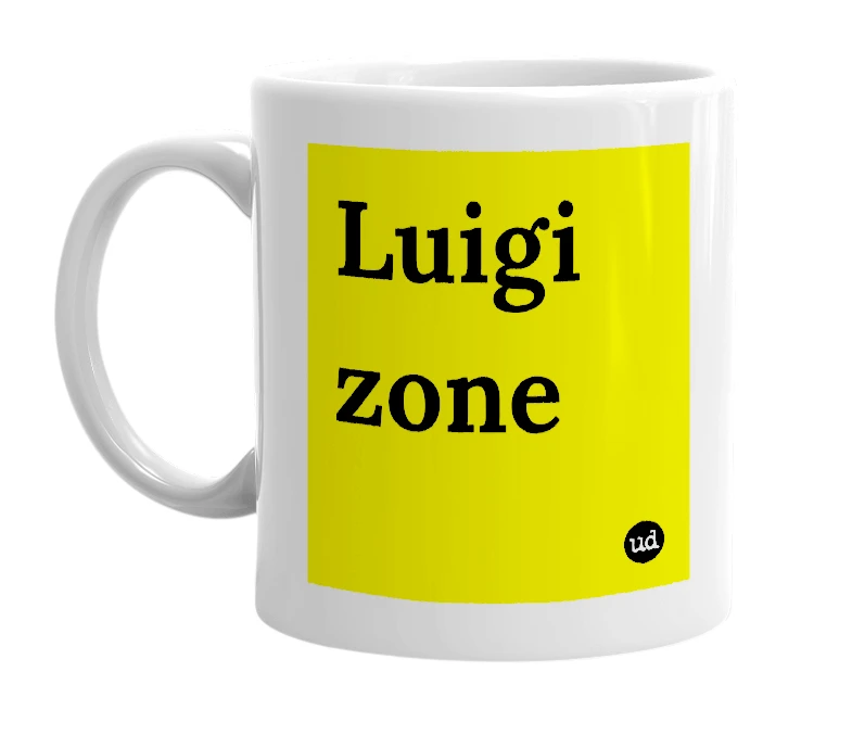 White mug with 'Luigi zone' in bold black letters