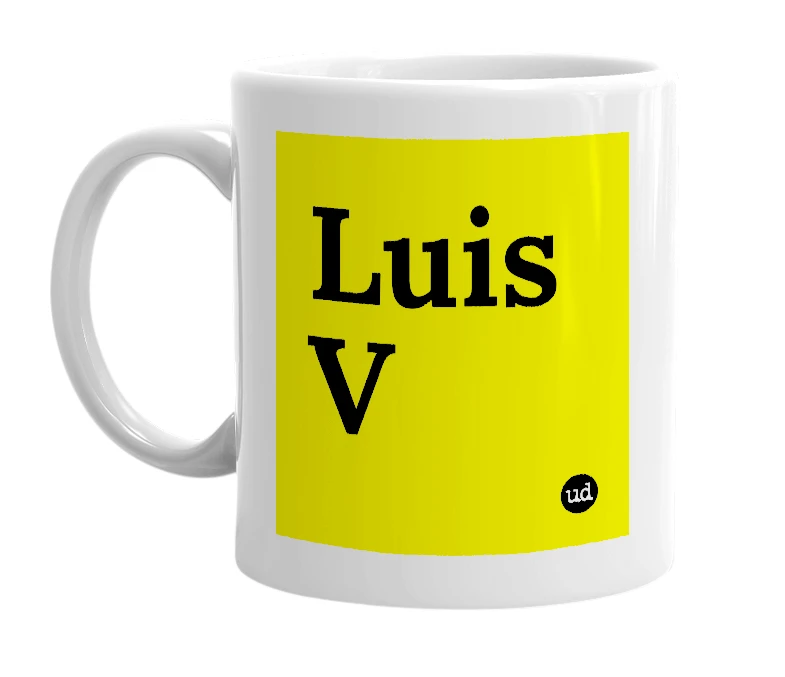 White mug with 'Luis V' in bold black letters