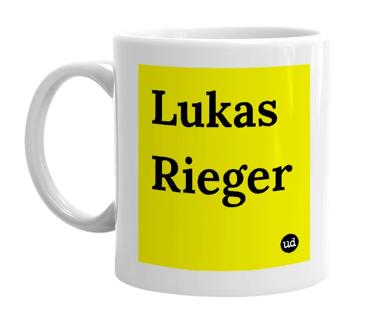 White mug with 'Lukas Rieger' in bold black letters