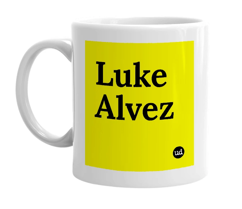 White mug with 'Luke Alvez' in bold black letters