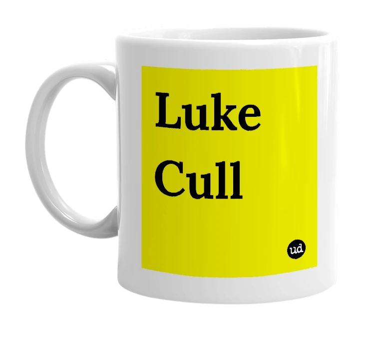 White mug with 'Luke Cull' in bold black letters