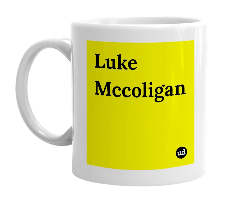 White mug with 'Luke Mccoligan' in bold black letters