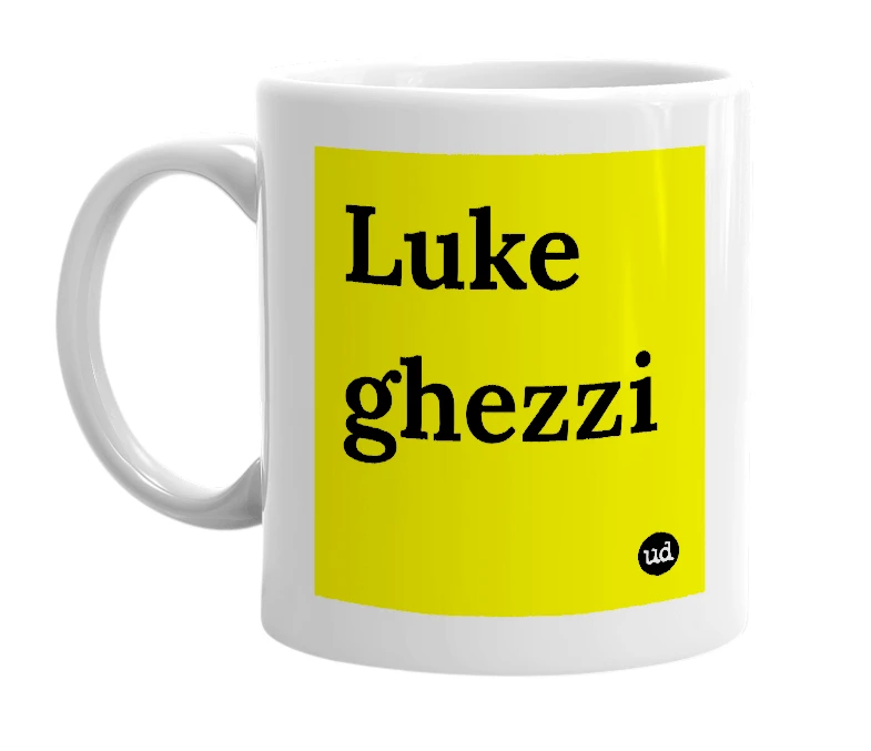 White mug with 'Luke ghezzi' in bold black letters