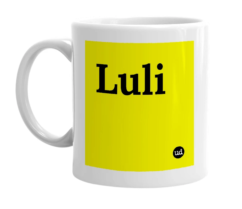 White mug with 'Luli' in bold black letters