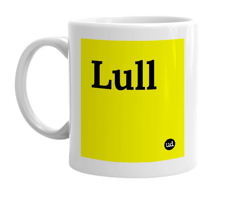 White mug with 'Lull' in bold black letters