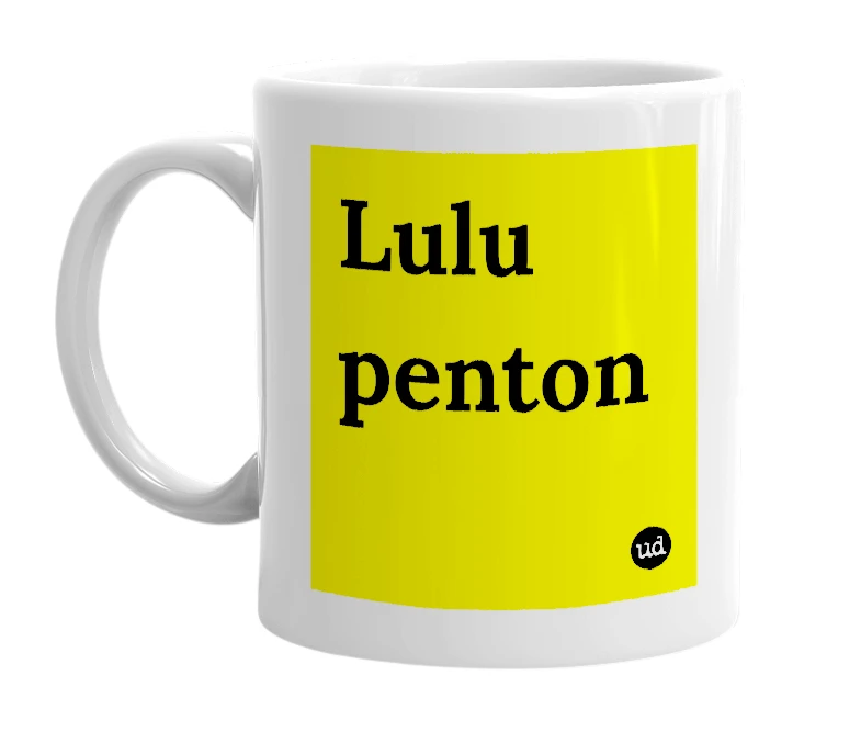 White mug with 'Lulu penton' in bold black letters