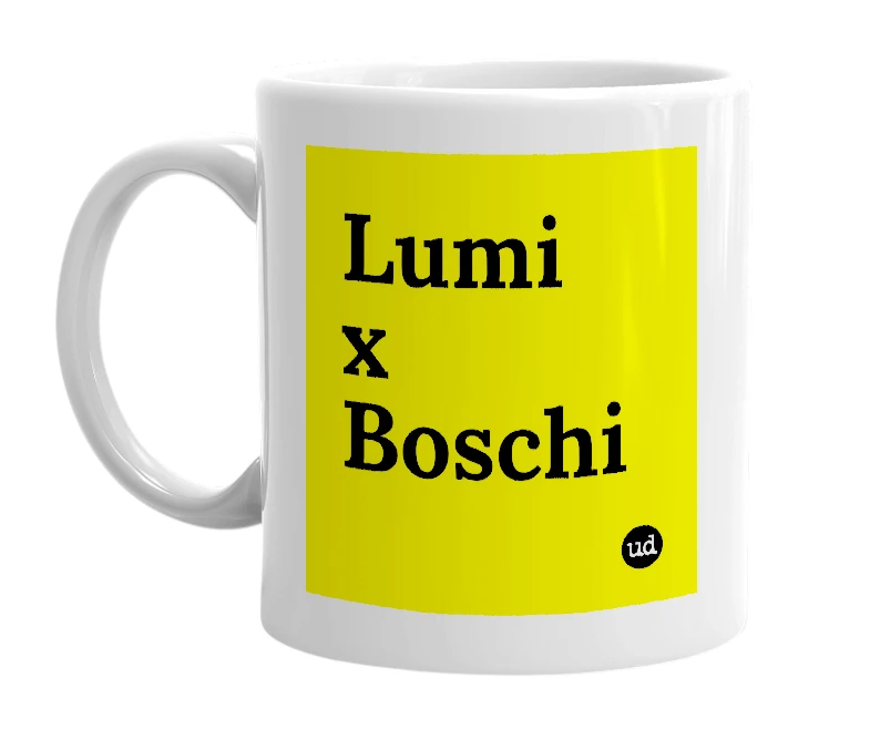 White mug with 'Lumi x Boschi' in bold black letters