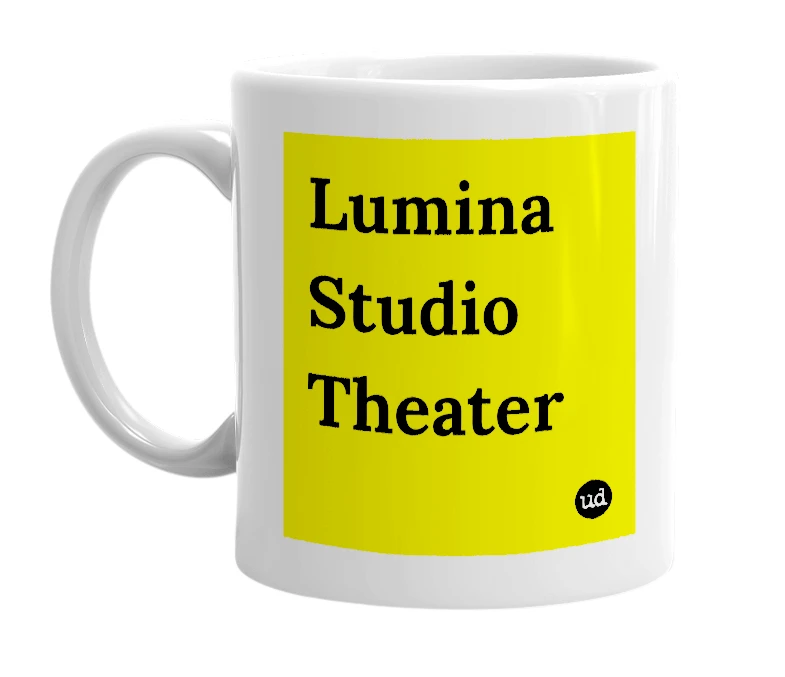 White mug with 'Lumina Studio Theater' in bold black letters