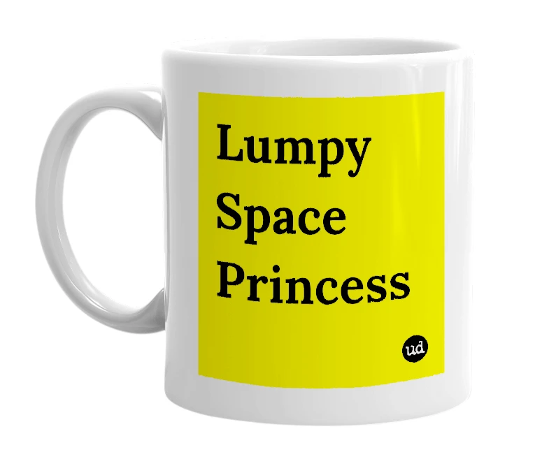 White mug with 'Lumpy Space Princess' in bold black letters