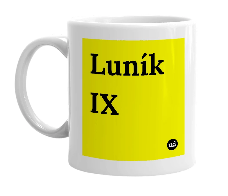 White mug with 'Luník IX' in bold black letters