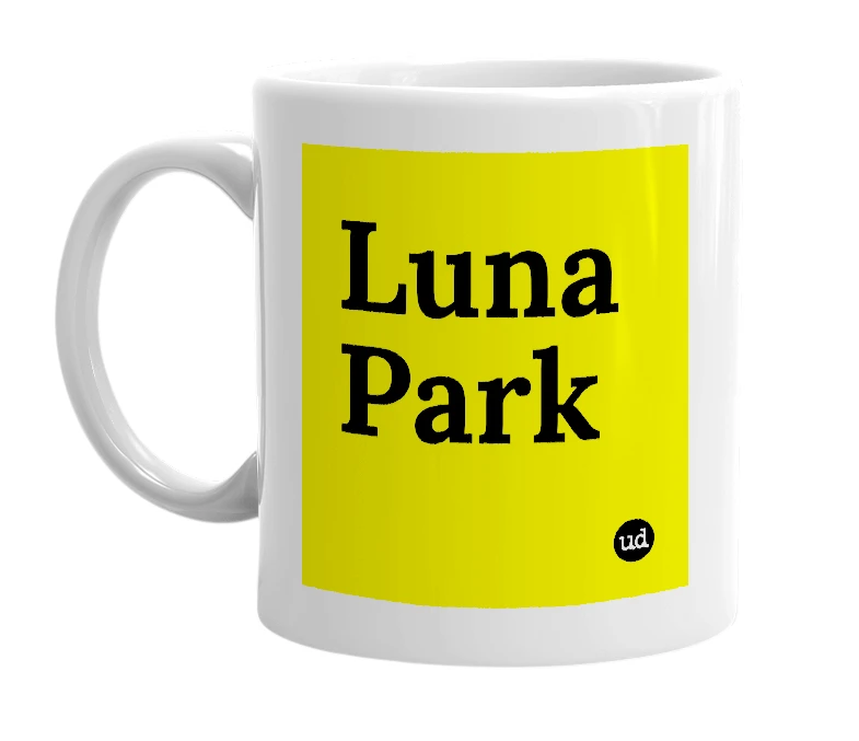 White mug with 'Luna Park' in bold black letters