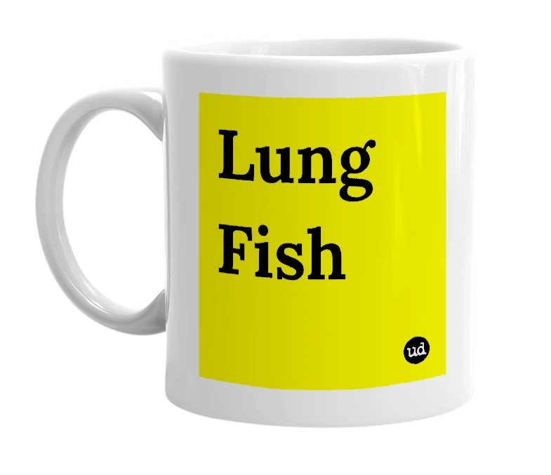 White mug with 'Lung Fish' in bold black letters