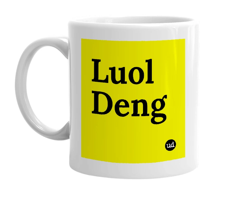 White mug with 'Luol Deng' in bold black letters