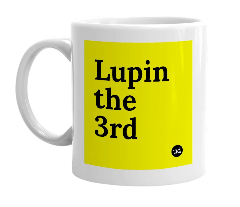 White mug with 'Lupin the 3rd' in bold black letters