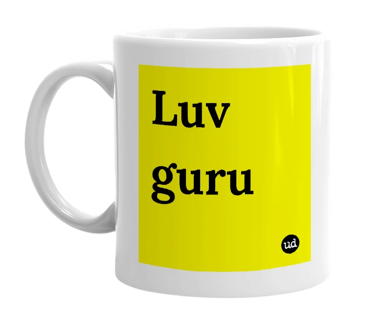 White mug with 'Luv guru' in bold black letters