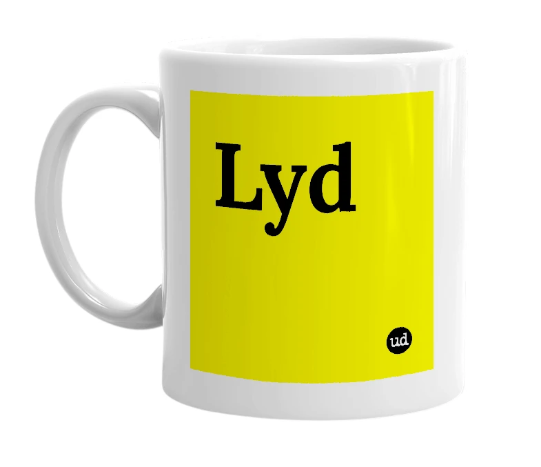 White mug with 'Lyd' in bold black letters
