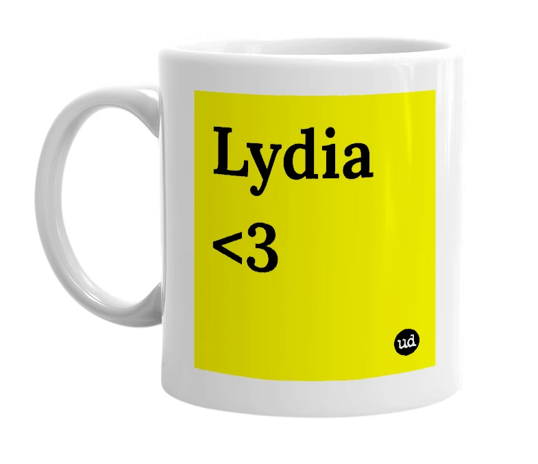 White mug with 'Lydia <3' in bold black letters