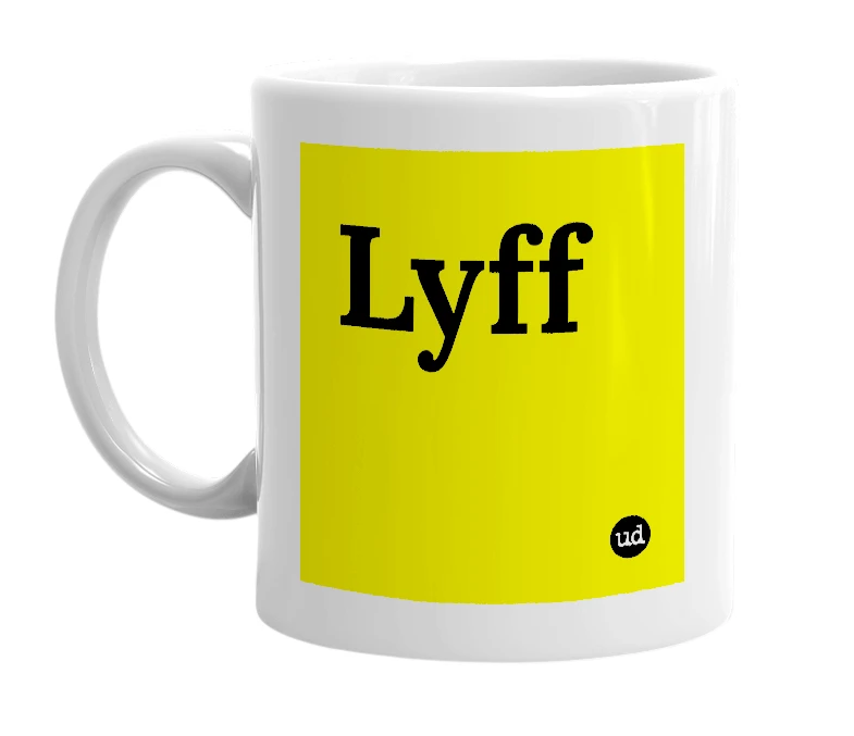 White mug with 'Lyff' in bold black letters
