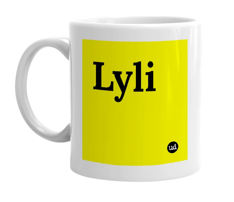 White mug with 'Lyli' in bold black letters