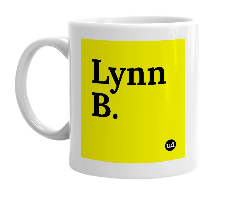 White mug with 'Lynn B.' in bold black letters