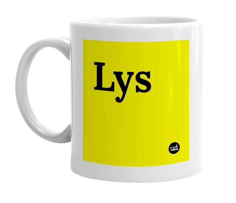 White mug with 'Lys' in bold black letters