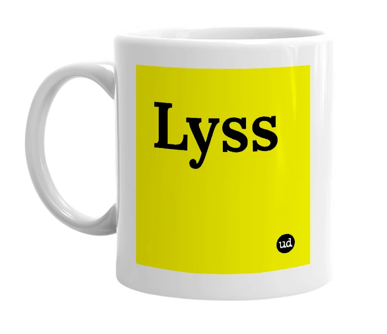 White mug with 'Lyss' in bold black letters