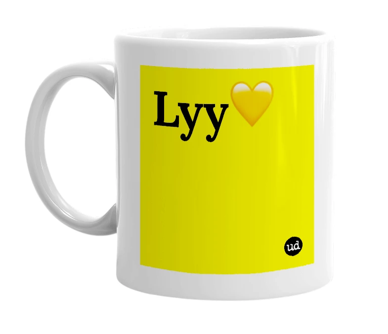 White mug with 'Lyy🧡' in bold black letters