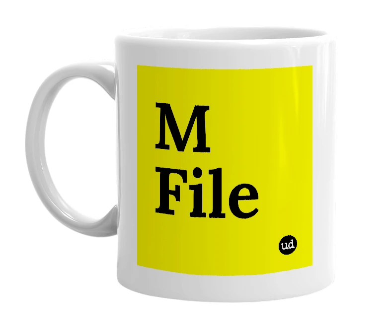 White mug with 'M File' in bold black letters