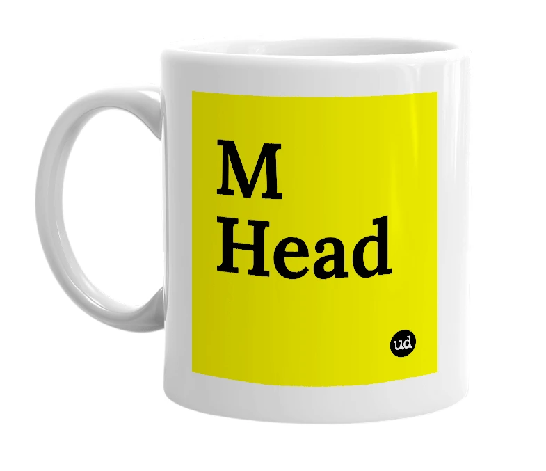 White mug with 'M Head' in bold black letters