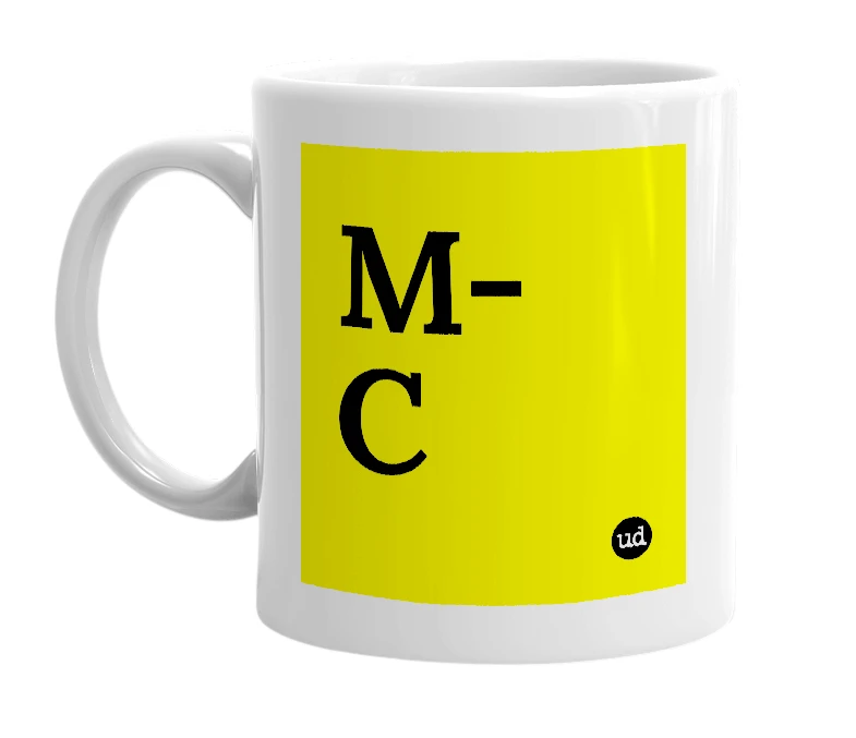 White mug with 'M-C' in bold black letters