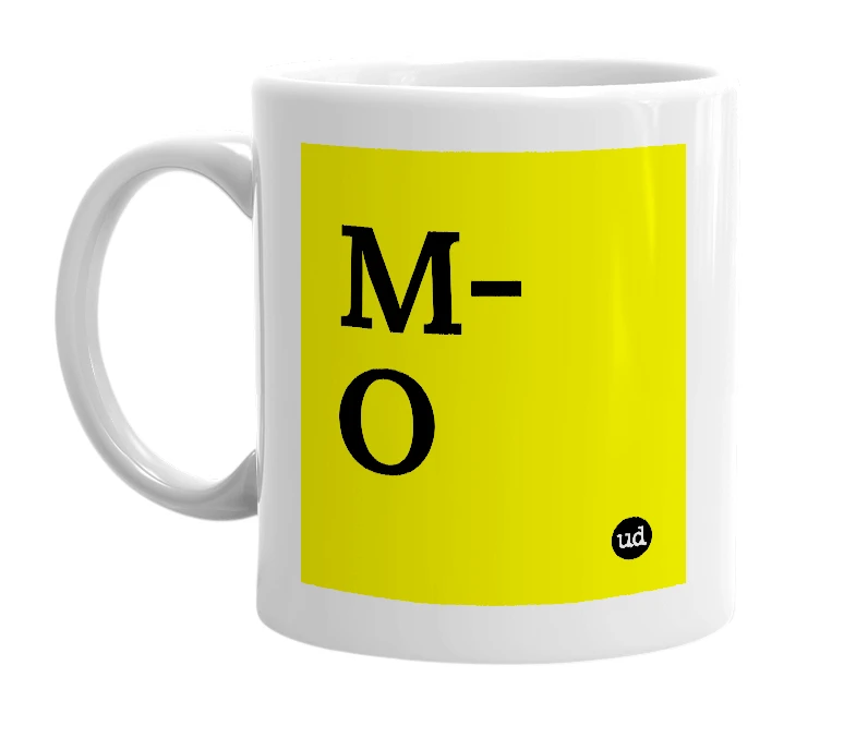 White mug with 'M-O' in bold black letters