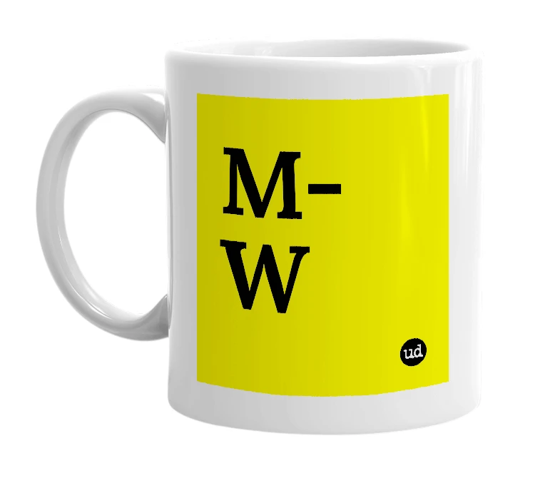 White mug with 'M-W' in bold black letters