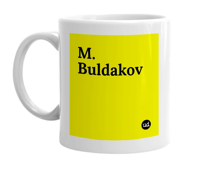 White mug with 'M. Buldakov' in bold black letters