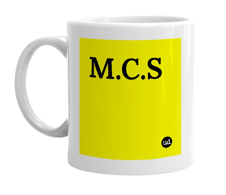 White mug with 'M.C.S' in bold black letters