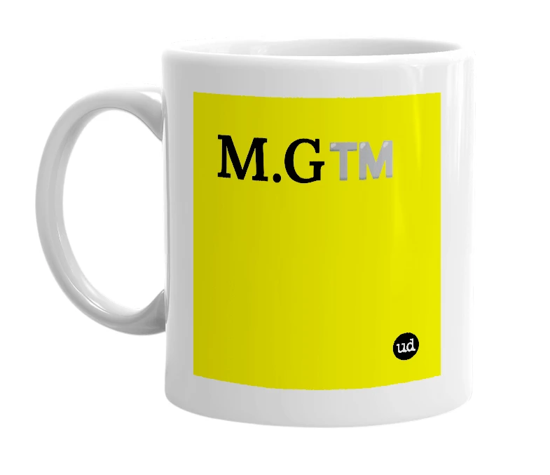 White mug with 'M.G™️' in bold black letters
