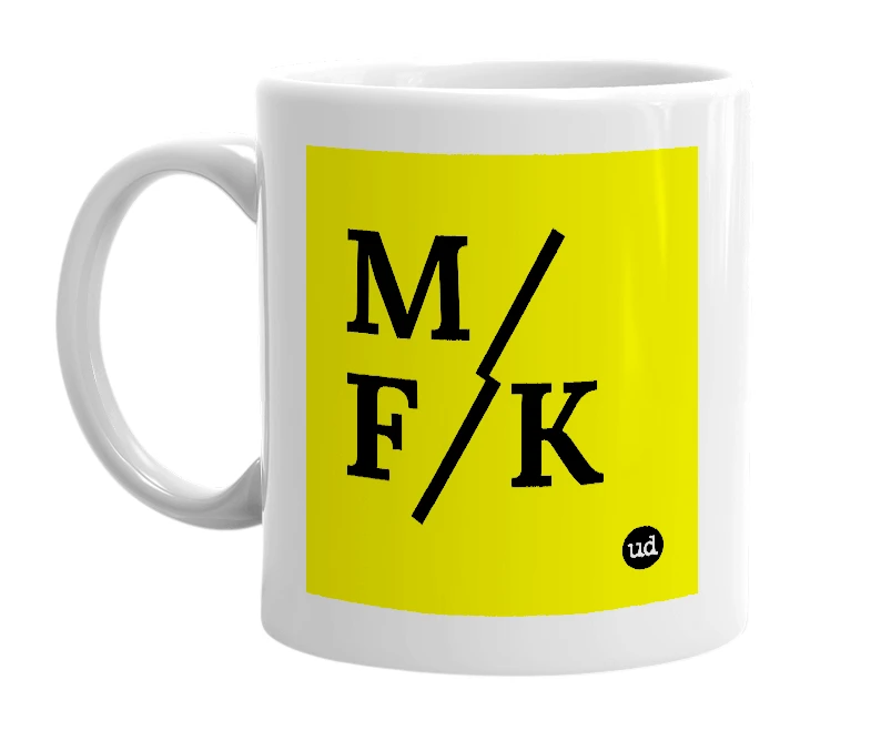 White mug with 'M/F/K' in bold black letters