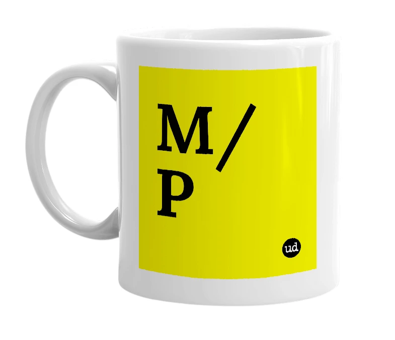 White mug with 'M/P' in bold black letters