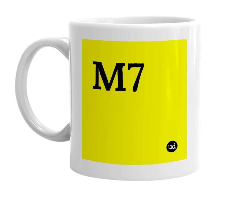 White mug with 'M7' in bold black letters