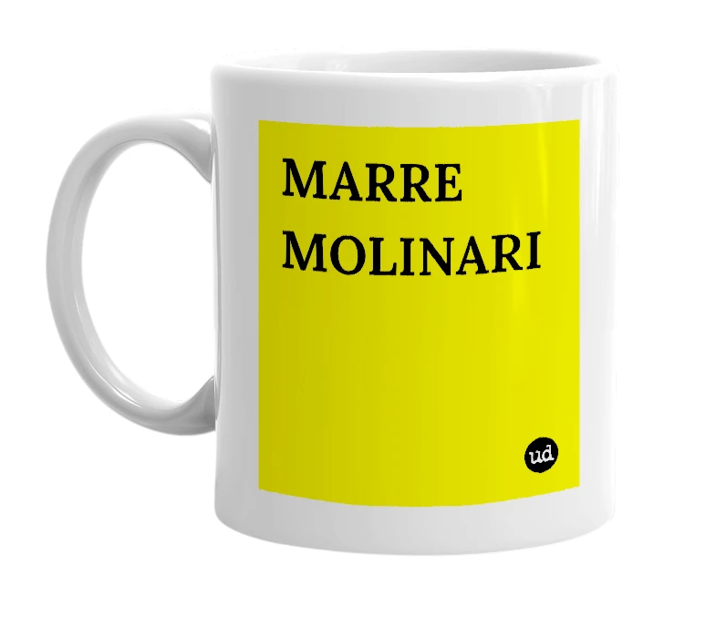 White mug with 'MARRE MOLINARI' in bold black letters