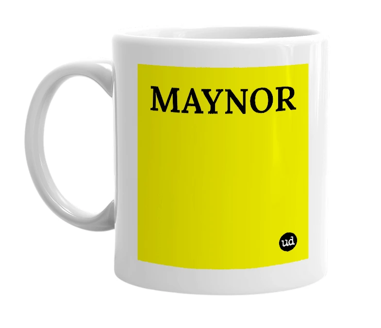 White mug with 'MAYNOR' in bold black letters
