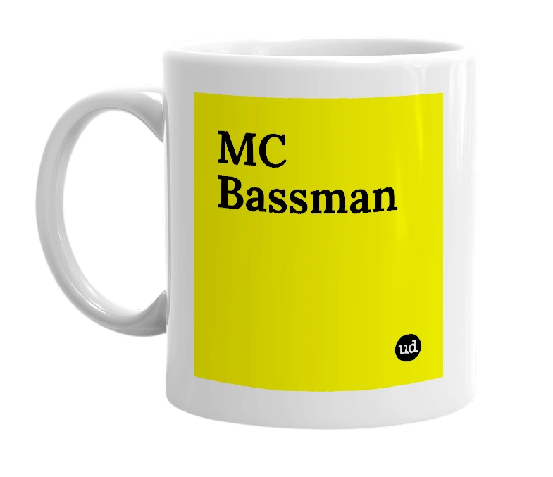 White mug with 'MC Bassman' in bold black letters