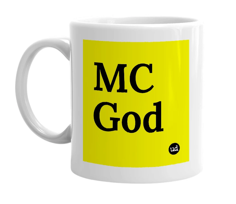 White mug with 'MC God' in bold black letters