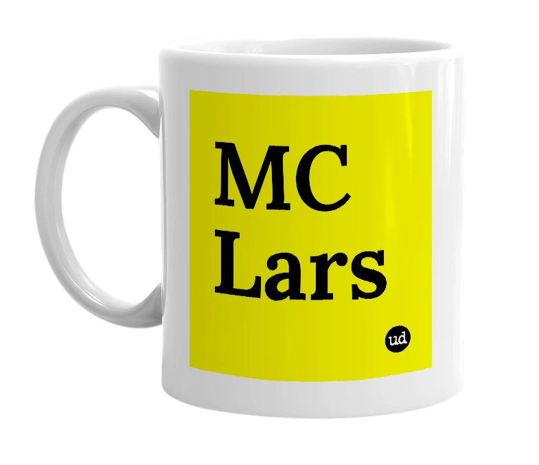 White mug with 'MC Lars' in bold black letters