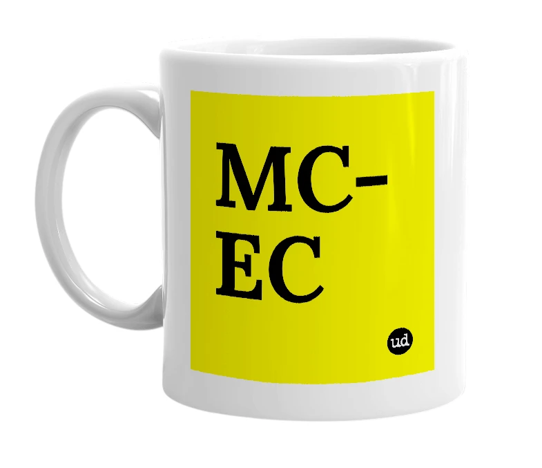 White mug with 'MC-EC' in bold black letters