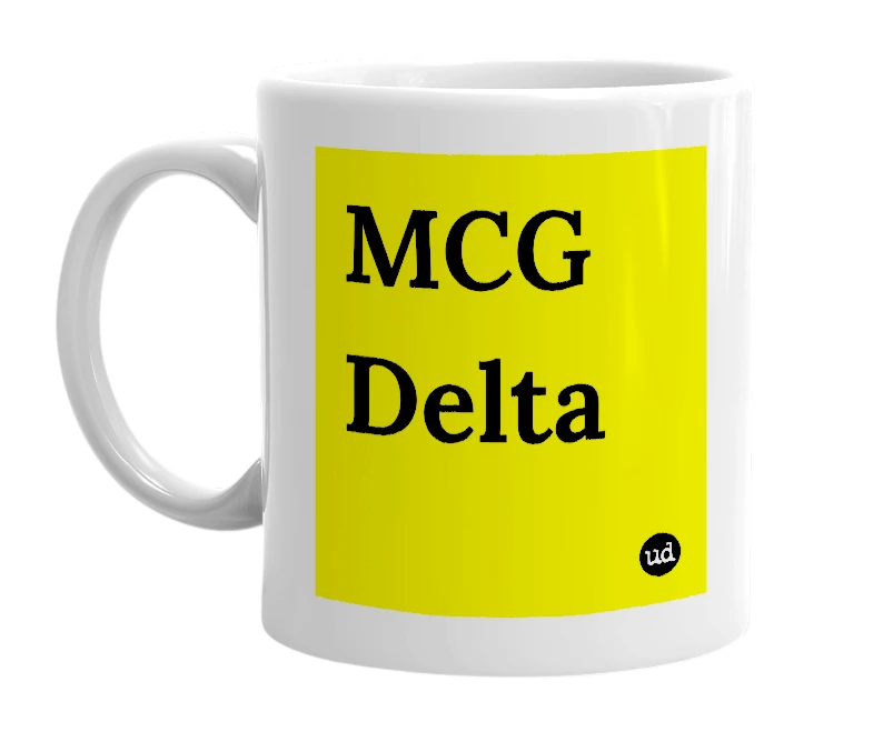White mug with 'MCG Delta' in bold black letters